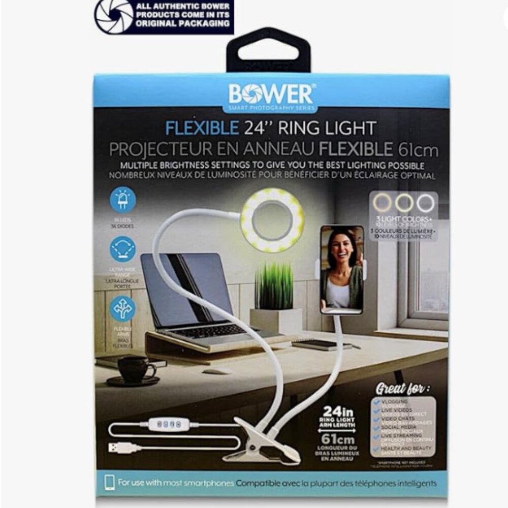 BOWER 24 Inch Clip on Desk Ring Light - Flexible Arms